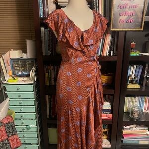 Anthropologie Asymmetrical Dress in Rust and Blue